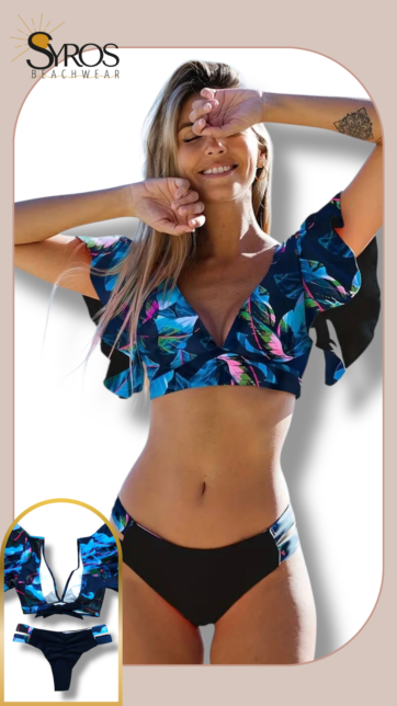 bikini negro con azul estampado faralao en mangas