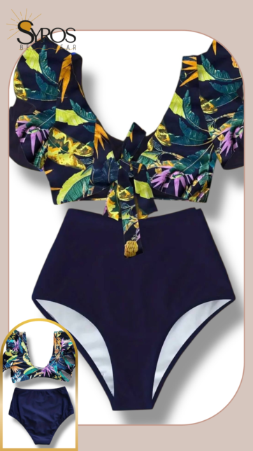 bikini sosten con faralao en mangas panti alta azul con estampado