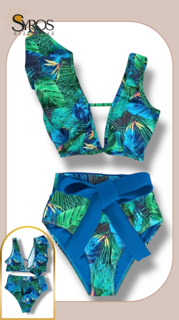 bikini sosten con faralao una manga panti alta estampado azul