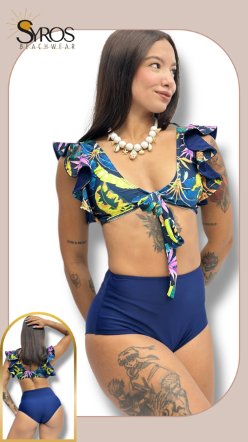 bikini sosten con faralao en mangas panti alta azul con estampado