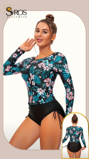 Tankini manga larga negro estampado flores rosadas hojas verdes