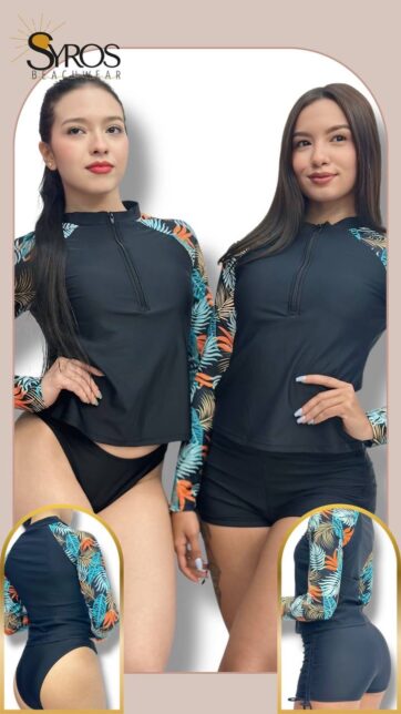 Tankini manga larga short negro estampado floral en mangas