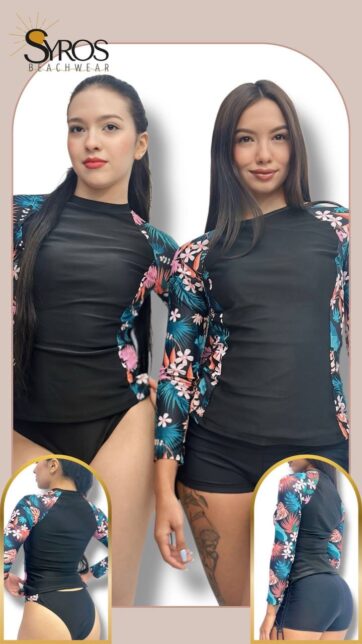 Tankini manga larga panty negro estampado en mangas hojas y flores