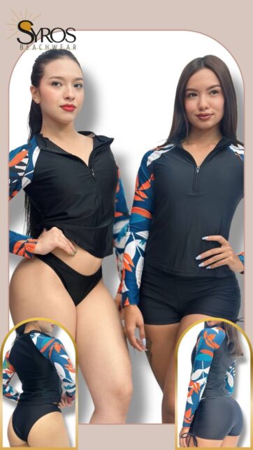 Tankini manga larga short negro estampado hojas grandes en mangas