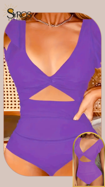 Enterizo morado drapeado con volante en mangas abierto en abdomen