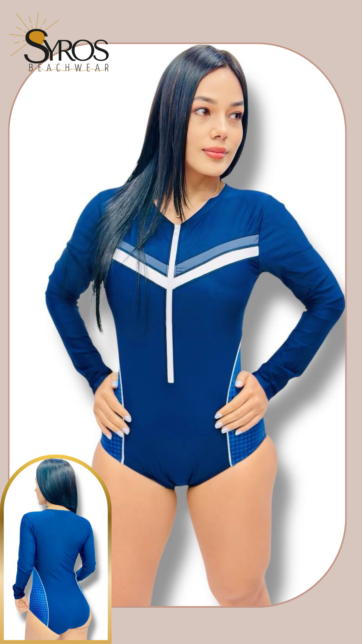 Enterizo manga larga azul con lineas blancas deportivo