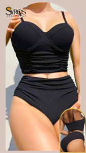 Push Up negro acanalado top con aruche panty alta completa arruche costados