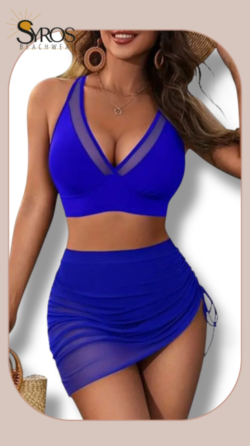 Bikini Azul rey con panty junto a pareo corto arruchado lateral