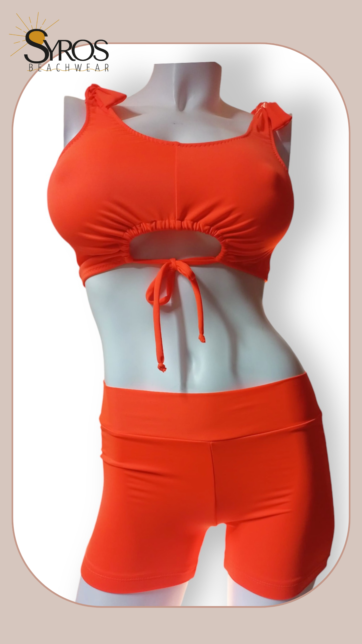 Bikini Top y Short arruche lateral naranja neon