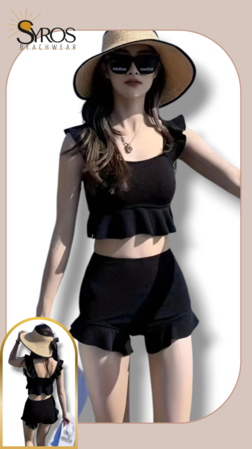 Bikini Top y Short negro texturizado con faralados