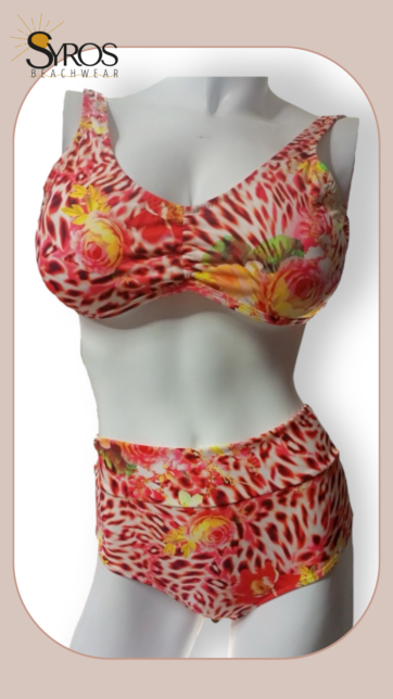 Bikini Top y Panty alta animal print coral con flores amarillas