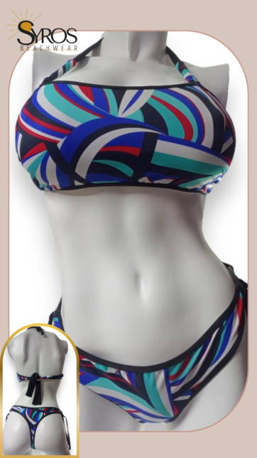 Bikini top y panty semihilo rayas turquesa, blanco y rojo