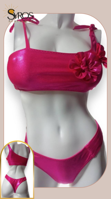 Bikini Top y Panty semihilo fucsia brillante flor en top