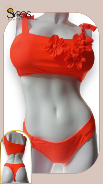 Bikini Top y Panty semihilo naranja neon flores en top