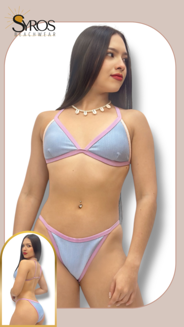 Bikini azul cielo con borde lila panty completa
