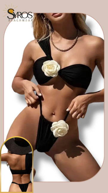 Bikini negro con flor crema en top y panty