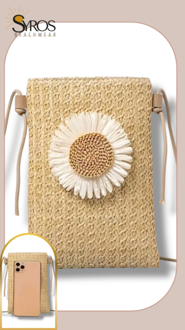 Cartera pequeña tejida beige para celular con flor blanca