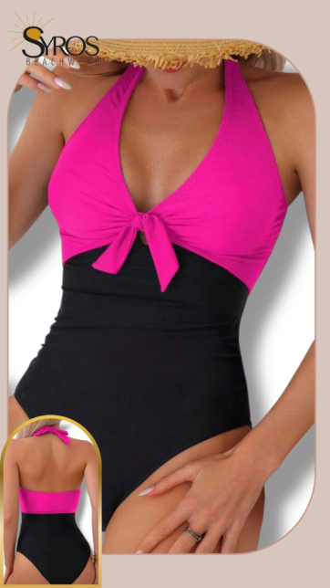 Entero negro con fucsia neon amarrado en cuello