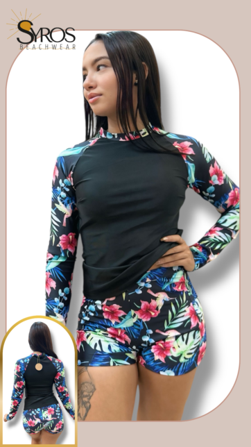 Tankini manga larga negro short estampado flores rojas verde y azul en mangas y short