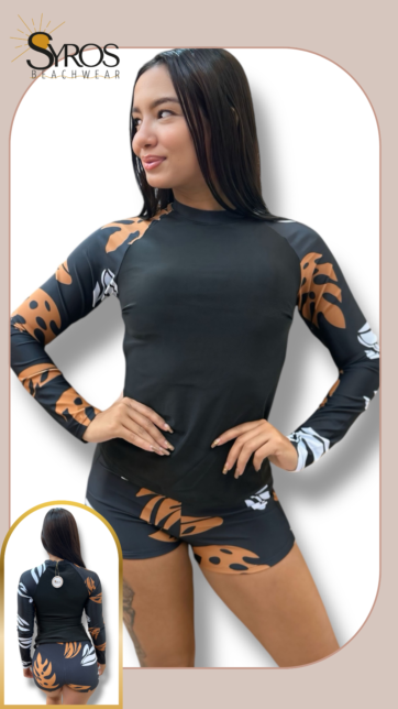 Tankini manga larga negro short con estampado hojas blanco y marron en mangas y short