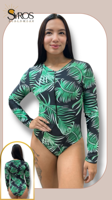 Enterizo manga larga negro estampado con hojas verdes con blanco