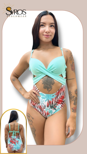 PUSH-UP menta cruzado con panty hojas rojas y verdes