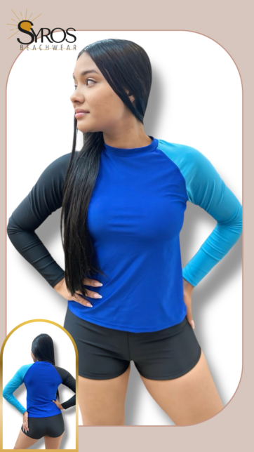 Tankini Short azul rey con mangas negra y turquesa