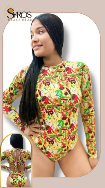 Enterizo Manga larga estampado con flores amarillas verdes y rojas escote espalda