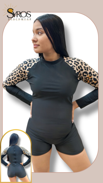 Entero manga larga short negro mangas animal print