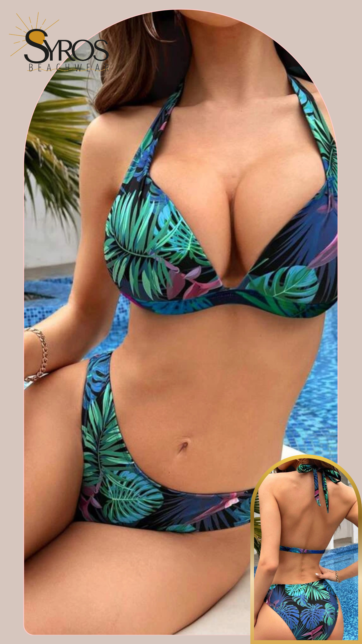 Negro estampado con hojas verdes y azules panty completa copa DD