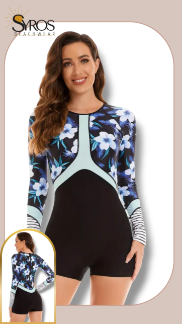 Entero manga larga short negro con estampado de flores azules y verdes en parte superior y mangas rayas