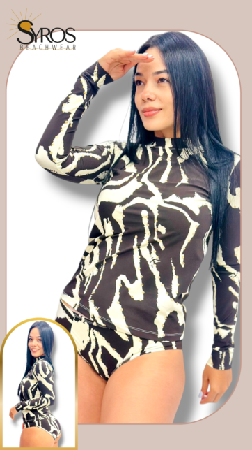 Tankini manga larga panty beige con manchas marrones y lentejuelas