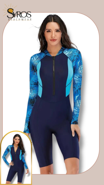 Entero manga larga short azul marino mangas y cuello estampado de palmas azul electrico costados azul turquesa