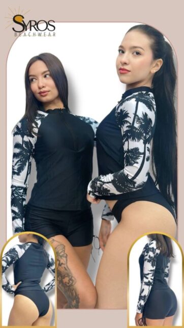 Tankini manga larga negro short y mangas blancas con estampado palmeras