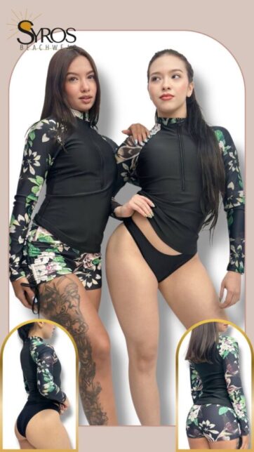 Tankini manga larga negro panty verde con estampado flores verdes y blancas en mangas