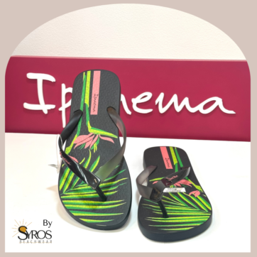 Sandalias Ipanema basicas negro con palma verde con flor roja
