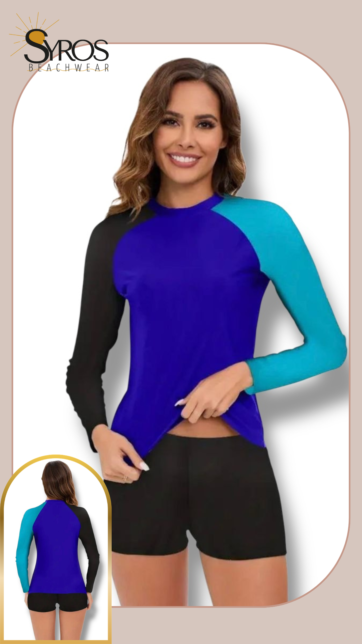 Tankini Short azul rey con mangas negra y turquesa