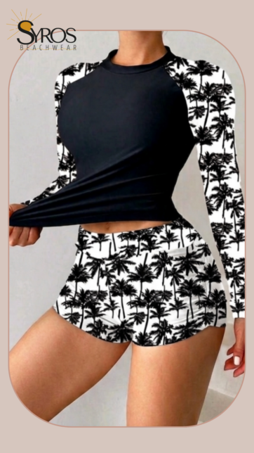Tankini manga larga negro short blanco y mangas blancas con estampado palmeras