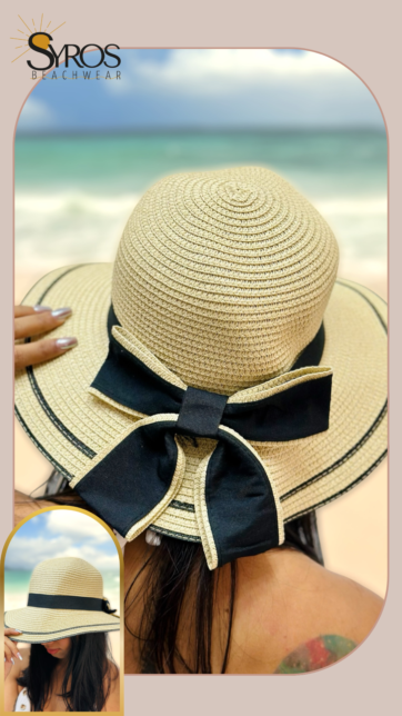 Sombrero de playa beige cinta negra ancha con lazo posterior negro y beige
