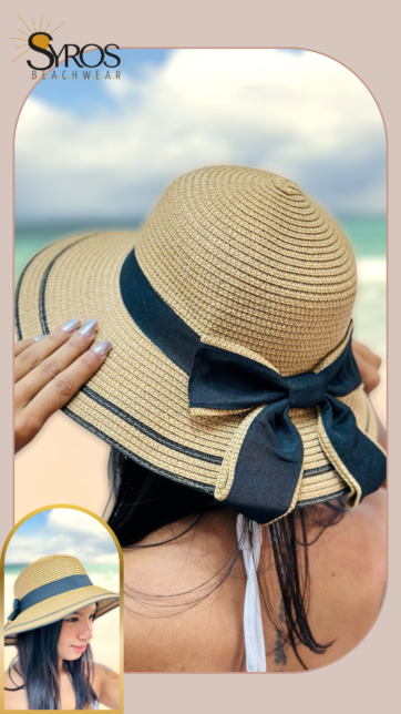 Sombrero de playa marron cinta negra ancha lazo posterior negro y marron