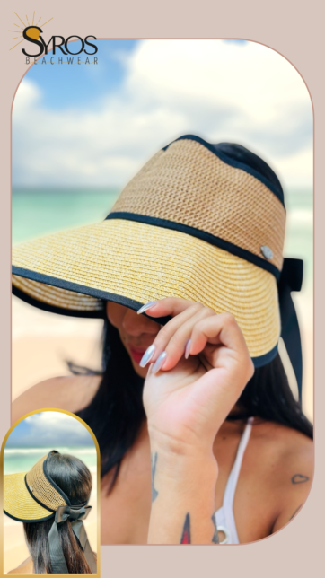 Visera Beige Tejida con cierre magico y lazo negro posterior