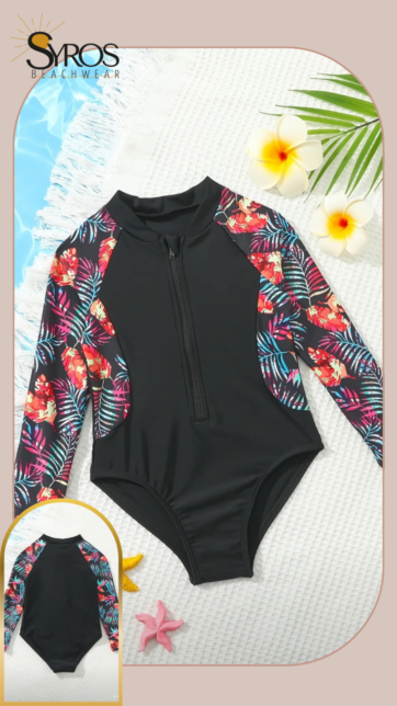 Entero manga larga negro con mangas y costados estampados palmas de colores