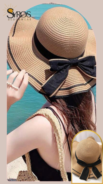 Sombrero de playa marron cinta negra ancha lazo posterior negro y marron ondulado