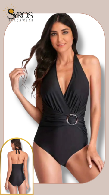 Entero negro amarrado en cuello con detalle de aro en cintura