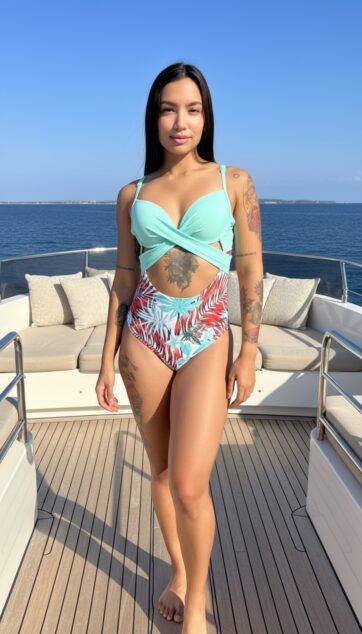 PUSH-UP menta cruzado con panty hojas rojas y verdes