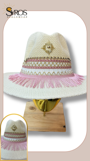 Sombrero decorado con detalles rosado y dorado