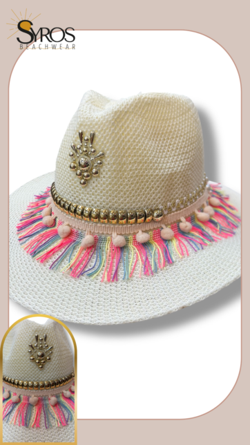Sombrero decorado con detalles dorados hilos de colores