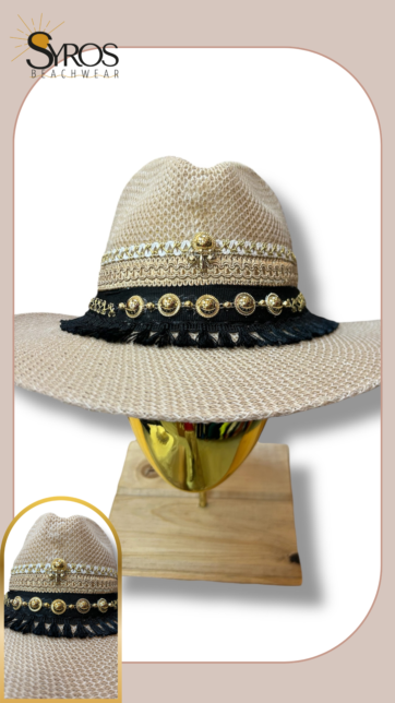Sombrero decorado con detalles dorado y negro