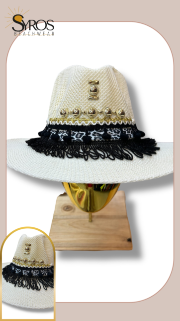 Sombrero decorado con detalles negro y dorado cinta animal print