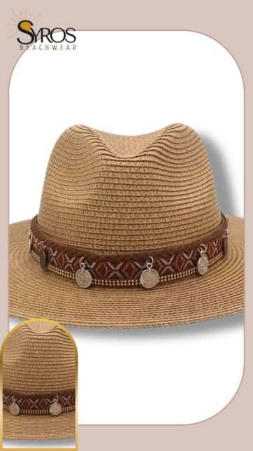 Sombrero marron con cinta marron tribal y medallitas